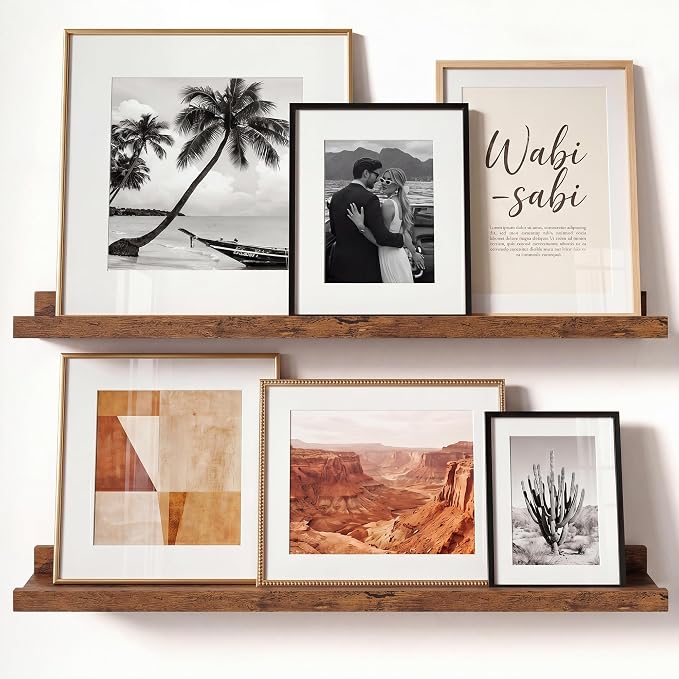 Brown Picture Ledge Shelves for Wall, 4.5" Deep Wood Floating Shelves with Lip for Bedroom, Living Room, 24" Width, Color Brown Set of 2