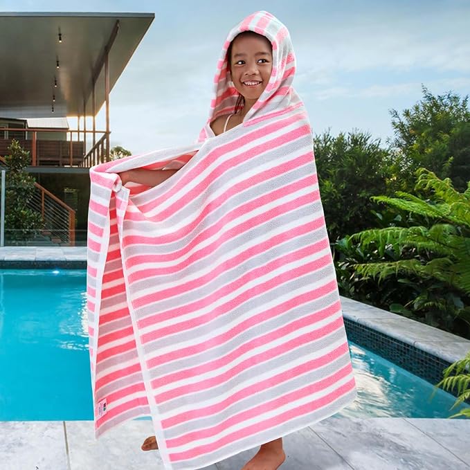 VOOVA & MOVAS Kid Hooded Towel,3-10 Years,100% Cotton,Pink Gray Stripe | Light Portable Build, Fast Drying, Perfect for Girls’ Bath, Swim, Pool and Beach Use