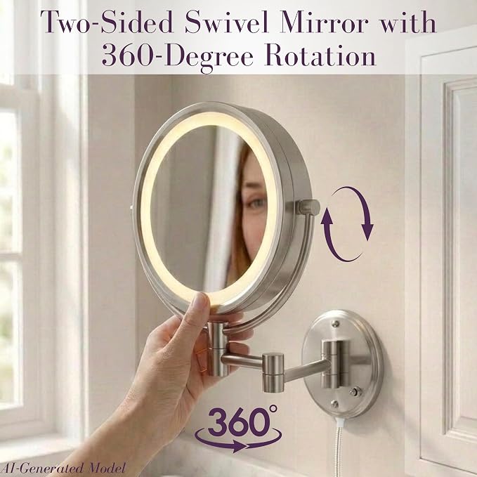 JERDON Lighted Wall-Mount Makeup Mirror - 8X - Nickel - HL88NL | 8.5" Round Frame, 13.5" Wall Arm, LED Lighting, Corded Plug-In Power