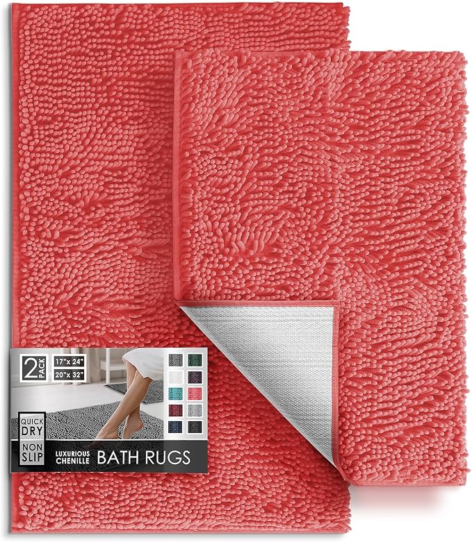 Hearth & Harbor Bathroom Rugs, Chenille Bath Mat - Machine Washable Bath Mats for Bathroom Non-Slip Backing Rubber, Quick Dry Bathroom Mat