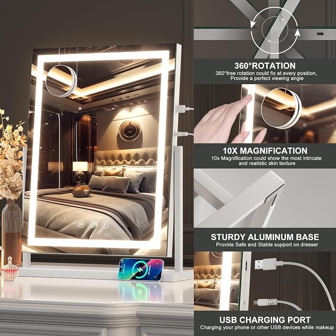 Hasipu Professional Large Vanity Mirror with Lights, 17"x22" Vertical LED Makeup Mirror with 10X Magnification, Smart Touch Control Dimmable 3 Modes Light 360°Rotation for Dresser