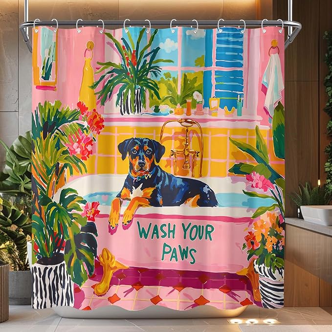 Accnicc Funny Dog Shower Curtain Boho Cute Rottweiler Shower Curtains for Bathroom Green Tropical Plants Pink Bathtub Matisse Decorative Unique Waterproof Fabric Bath Curtain Decor 72 X 72 Inches