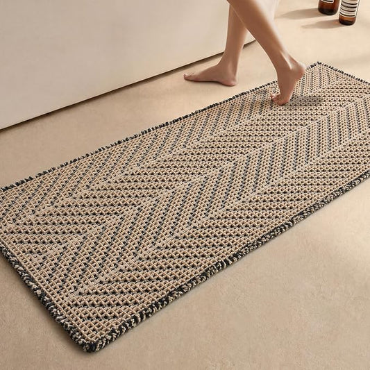 Sunfly Waffle Runner Bath Mat，Long Bathroom Rugs Non Slip Washable, Ultra Soft Super Absorbent Quick Dry Boho Farmhouse Bathroom Decor, 24" x 60", Black &Khaki