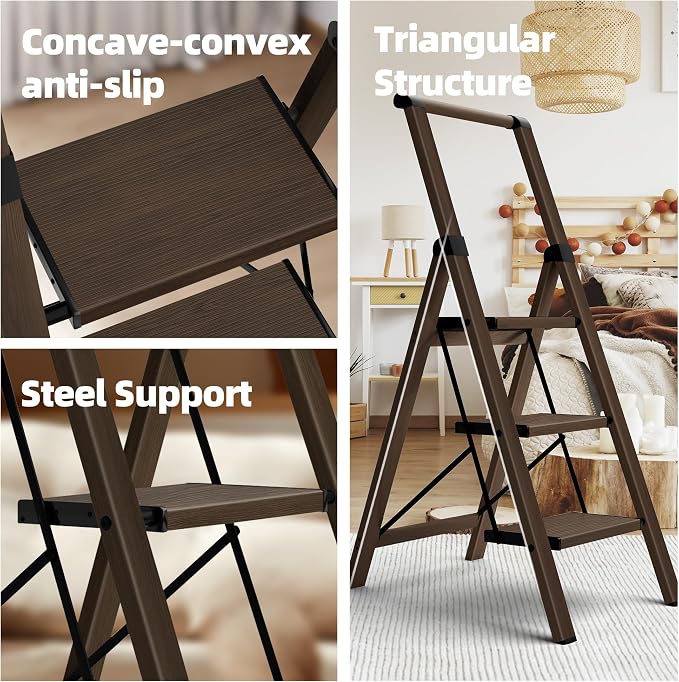 HillhutApex Aluminum 3 Step Ladder, Step Stool Foldable Ladder(Walnut) | Stepladder with Handgrip,Anti-Slip Pedals,330lbs Capacity,Lightweight Folding Ladder for Home,Office,Libaray