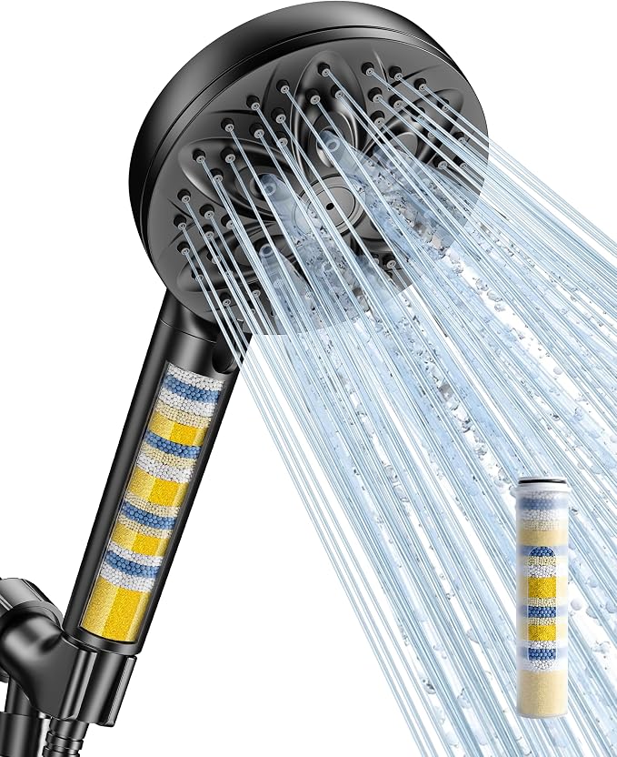 6-Setting Filtered Handheld Shower Head, JDO High Pressure Shower Head with Replaceable Filter Cartridge 4.7 Inch Detachable Showerhead for Chlorine Hard Water Removal, 59 Inch Stainless Steel Hose