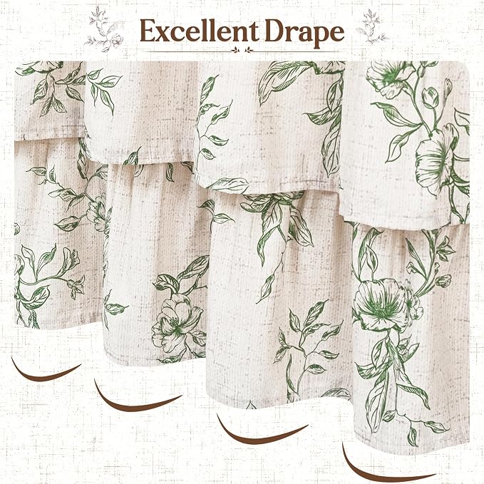 Extra Long Farmhouse Ruffle Shower Curtains with Green Floral, 72"Wx90"L | French Country Vintage Rustic Washable Waterproof Shower Curtain for Bathroom Bathtub, 12 Metal Hooks