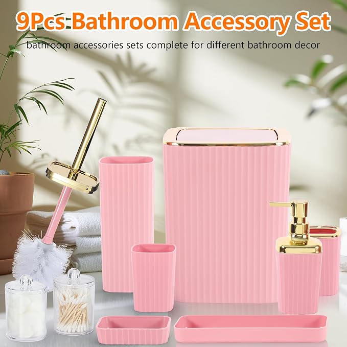 9 PCS Pink Bathroom Accessories Set with Trash Can Bathroom Accessory | All-in-One Kit with Trash Can,Toothbrush Holder,Soap Dispenser,Toothbrush Cup,Vanity Tray,Soap Dish,Toilet Brush etc for Home