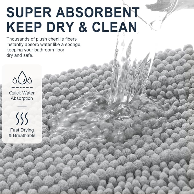 Smiry Thick Chenille Bathroom Runner Rugs 47x24, Soft Bath Mat, Light Grey | Quick‑Dry & Machine Washable, Non‑Slip Bath Carpet, Striped Bath Rugs for Tub & Shower, Modern Home Decor Accessories