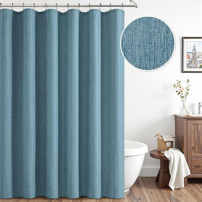 ANRODUO Moonlight Blue Long Linen Fabric Shower Curtain Set - W72xL108 | Farmhouse Shower Curtain with 12 Metal Hooks, Waterproof Heavy Duty, Button Hole Design, Machine Washable for Bathroom