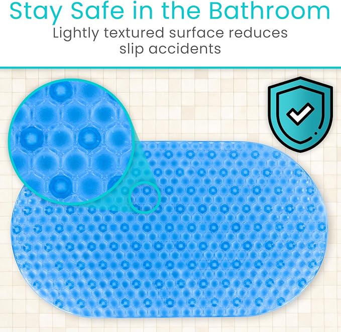 Vive Oval Bathtub Mat - Nonslip Shower Floor Pad - Non-Slip and Non-Skid | For Bath Tub with Strong Rubber Suction Cup Grip - for Baby, Elderly, Kids, Bathroom (Blue)