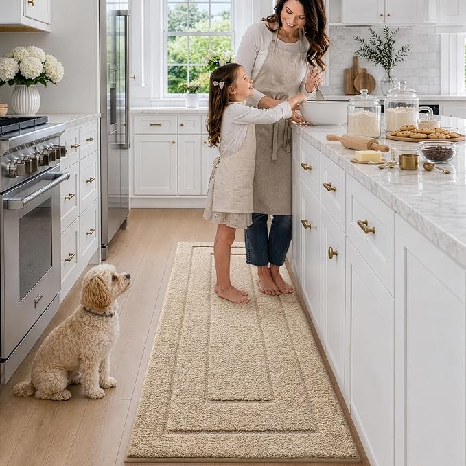 DEXI Bathroom Runner Rugs 72x24, Non-Slip and Absorbent Bath Mat, Beige | Machine Washable, Soft Plush Microfiber Bathmat with Rubber Back, Quick Dry Extra Long Rug for Shower, Tub, Sink