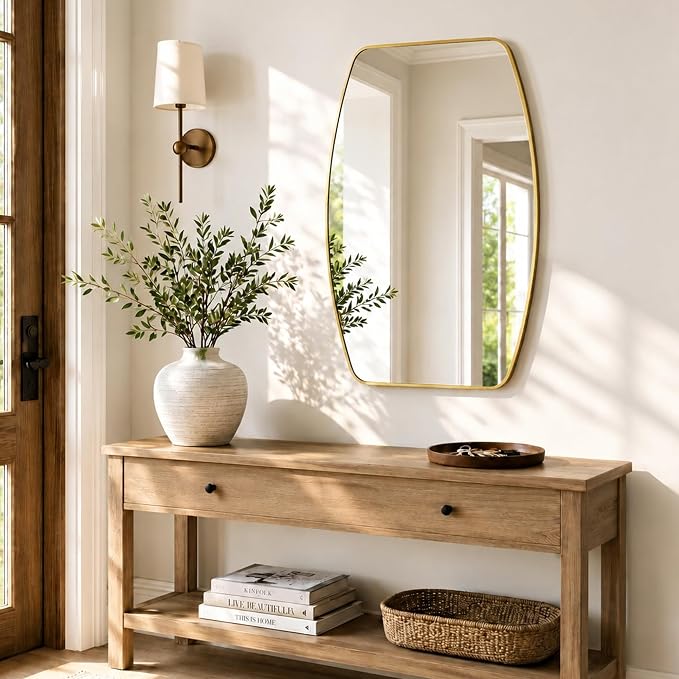 Brushed Gold Curved Rectangle Bathroom Mirror, 24x36 Inch | Aluminum alloy frame, tempered glass, two-way keyhole mount, for bedroom, dresser, hallway