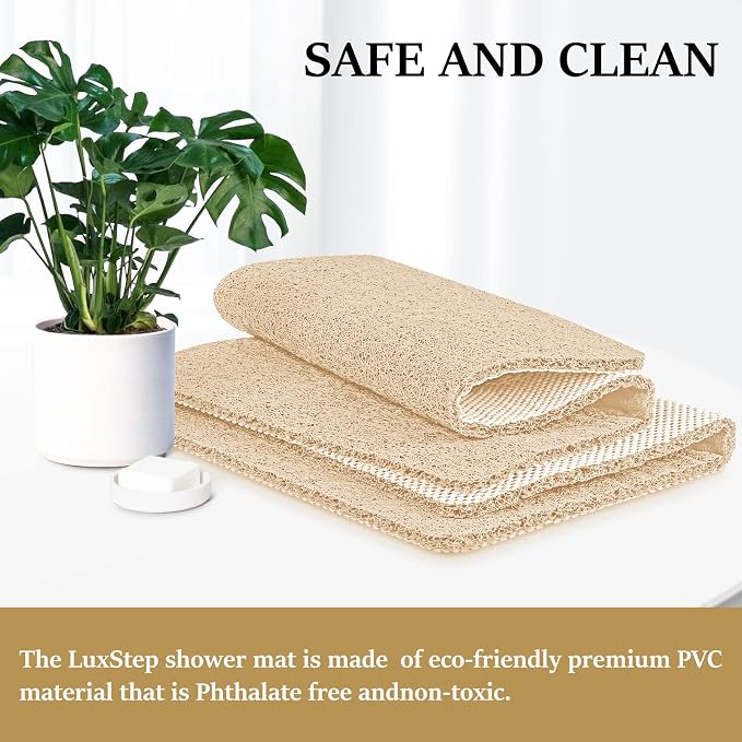 LuxStep Shower Mat Bathtub Mat,Non-Slip Bath Mat with Drain, Quick Drying | 32x16 inch, PVC Loofah Bathmat for Tub,Shower,Bathroom,Khaki
