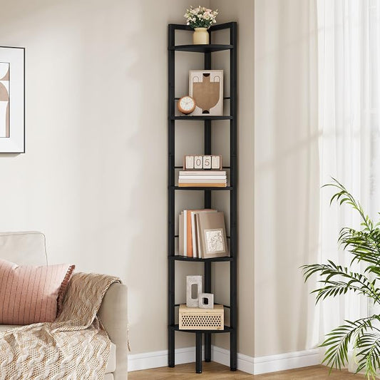 Small Corner Shelf Stand 5 Tier 60.5" with Metal Frame, Black | Industrial Narrow Corner Shelf, Multipurpose Tall Corner Bookshelf, Small Corner Table Bedroom, Living Room, Office, Kitchen