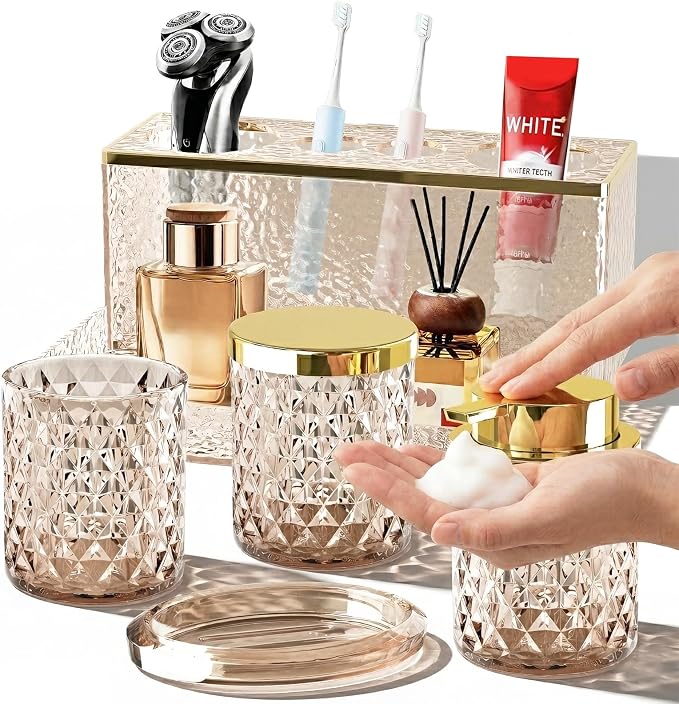 Glass Bathroom Accessories Set 5Pcs Crystal Brown - Foaming Soap Dispenser, Soap Dish, Cup, Acrylic Toothbrush Holder with Tray Organizer, Cotton Swab Jar, Bathroom Counter Set Sink Decor