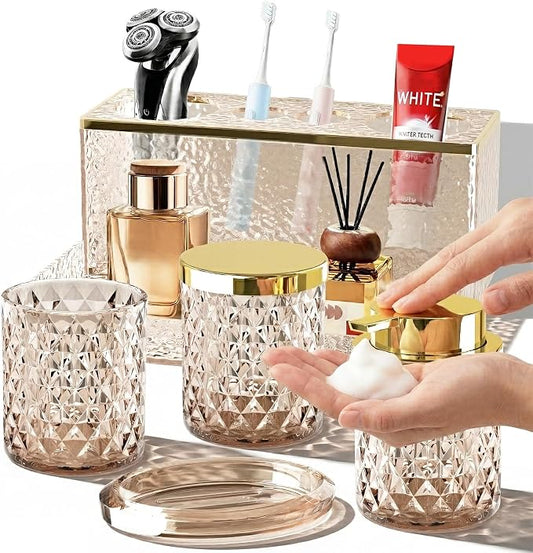 Glass Bathroom Accessories Set 5Pcs Crystal Brown - Foaming Soap Dispenser, Soap Dish, Cup, Acrylic Toothbrush Holder with Tray Organizer, Cotton Swab Jar, Bathroom Counter Set Sink Decor