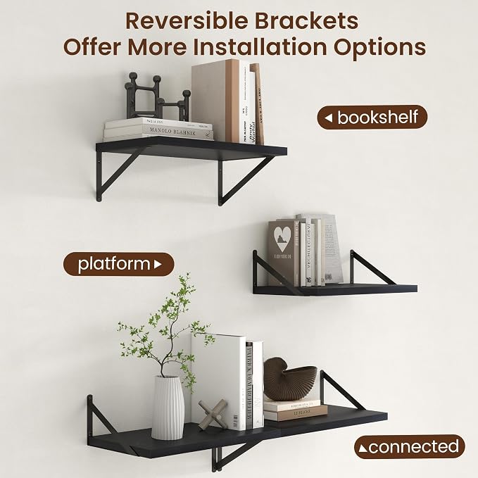 Deep Floating Shelves - 20 Inch Black Floating Shelves Set of 2-12 Inch Deep Wood Wall Shelves for Living Room Bathroom Kitchen