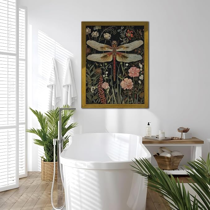 Framed Hand Drawn Sandstone Dragonfly Wall Art, Vintage 3D Textured Nature Botanical Wall Decor Pictures, Pink Flowers Print Painting for Living Room Kitchen Home Decor 16x24inch