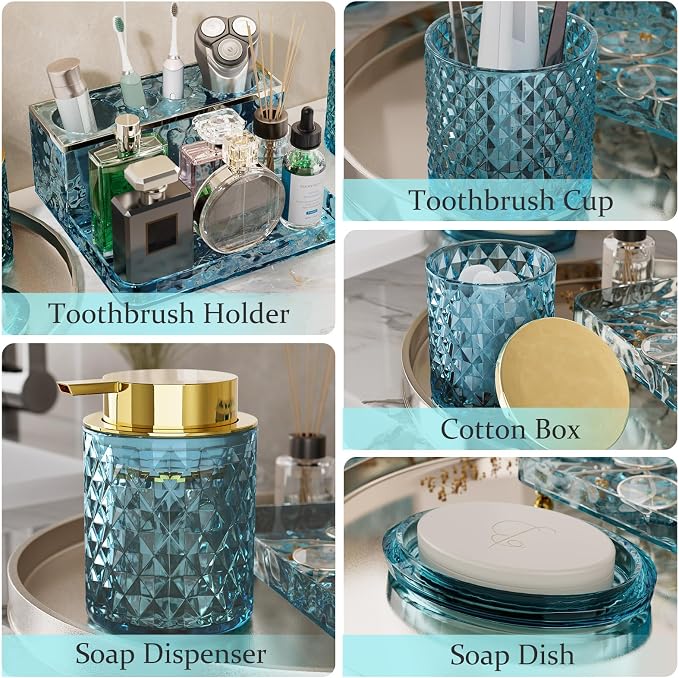 Glass Bathroom Accessories Set 5Pcs Crystal Teal, Foaming Soap Dispenser, Soap Dish, Cup, Acrylic Toothbrush Holder with Tray Organizer, Cotton Swab Jar, Bathroom Counter Set Sink Decor