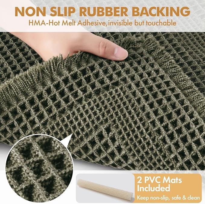 MIULEE Set of 2 Waffle Bathroom Rugs Green Boho Bath Mat 18x30 in | Looped Design, Super Absorbent, Non Slip, Washable, Ultra Soft, Rubber Backed, Bathroom Mats for Floor Tub Shower