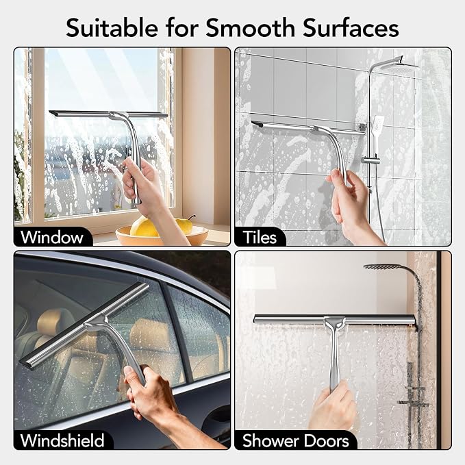 Shower Squeegee for Shower Glass Door with Adhesive Hook | Stainless Steel Squeegee for Shower Glass, Window Squeegee for Cleaning Tile Wall, Mirror, Car(10", Silver)