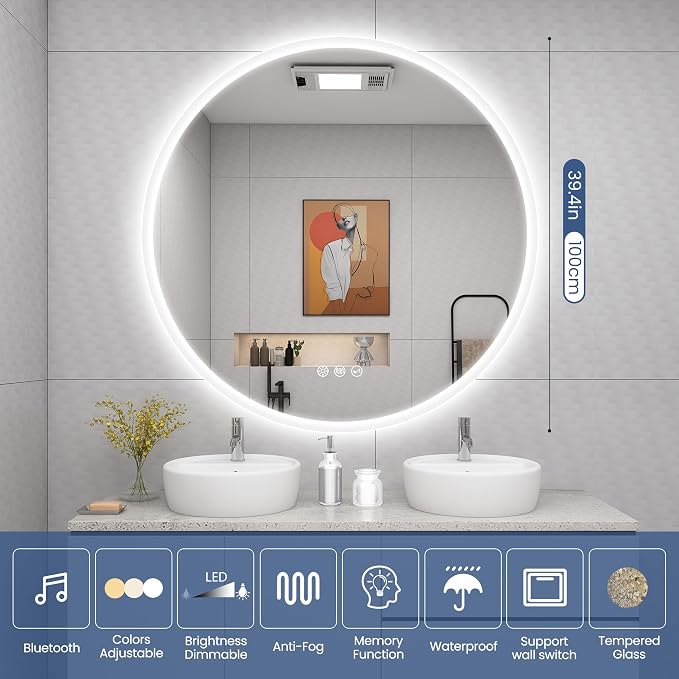 STARLEAD 40" Round LED Bathroom Mirror with Bluetooth Speaker, Dimmable Lighting, 3 Color Modes, Anti-Fog, Touch Control Wall Mounted Vanity Mirror