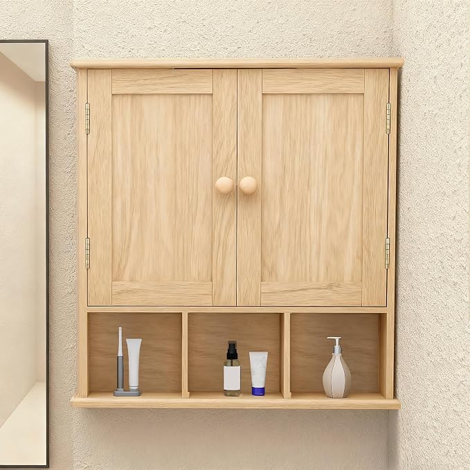 TaoHFE Natural Wooden Color Bathroom Wall Cabinet with 2 Door | Adjustable Shelves Over The Toilet Storage Wall Mounted Medicine Cabinets for Bathroom Laundry Room Kitchen