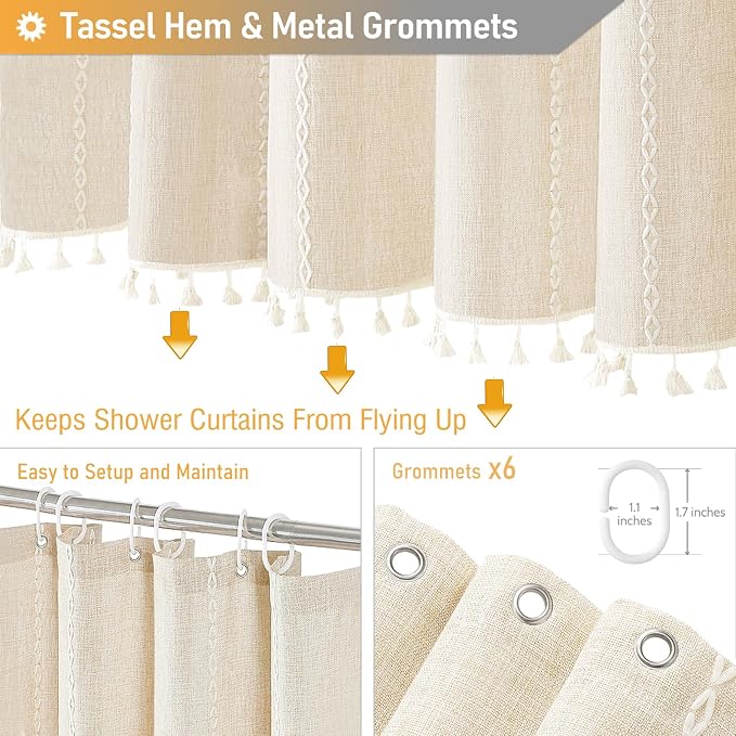 Small Boho Linen Heavy Duty Cloth Shower Curtain, 36x72, Cream/Beige | Stall Size, 330GSM Linen Blend, Water Repellent, Vintage Striped Fabric, 6 Plastic Hooks, Rustic Country, Machine Washable