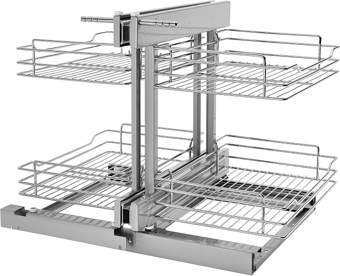 Rev-A-Shelf Dual Pullout Organizer for Cabinets, Min Opening Width of 18" | Two-Tier Adjustable 4-Basket Bottom Storage Shelves for Blind Corner Base Kitchen Cabinets, Heavy Duty Chrome Wire,5PSP-18-CR