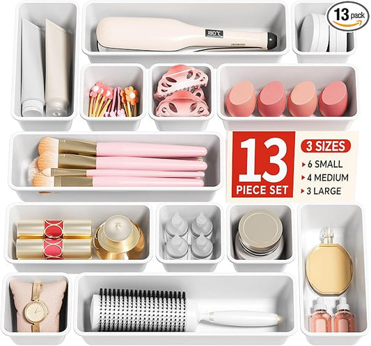 Canfanni 13 Pack Plastic Drawer Organizers Set, 3 Sizes Desk Drawer Organizer Trays for Vanity and Makeup Organizer, Organization and Storage for Makeup, Kitchen Utensils, Bathroom and Office(White)