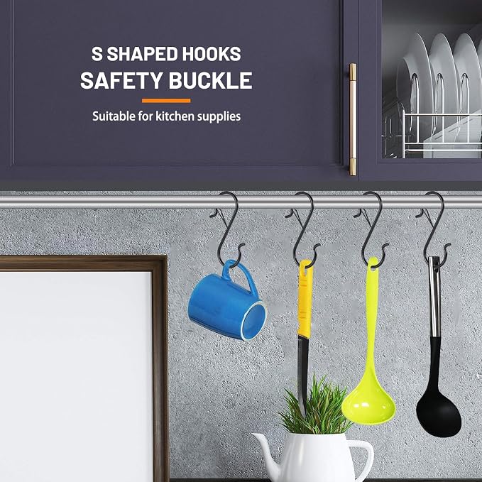 24 PCS S Hooks for Hanging with Safety Buckle, Heavy Duty Metal S Hooks | 3.5 inch S Shaped Hanger Hooks for Hanging Kitchen Utensil, Cups Pots Pan Closet Plants Purse Bags Hats (Black)