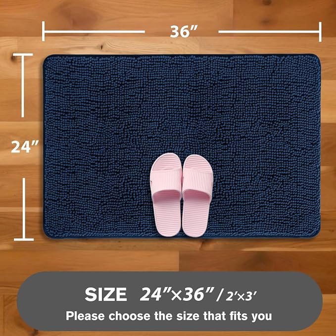 Navy Blue Bathroom Rugs – Absorbent and Washable Bath Mat, Non-Slip, Thick Soft Chenille Bath Rugs for Bathroom Floor, Shower, Sink - 24" x 36"