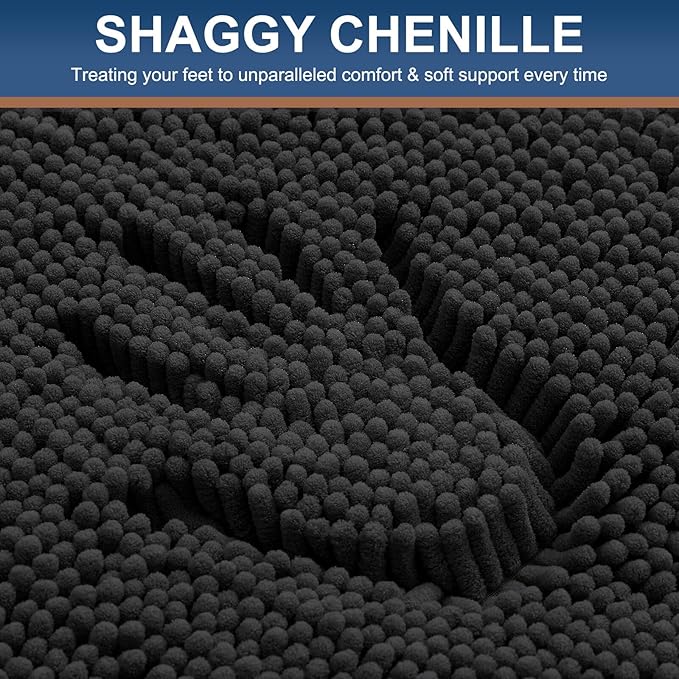 Smiry Bathroom Rugs 24X16, Luxury Chenille Extra Soft Absorbent Bath Mat | Black, Machine Washable Non-Slip Plush Bath Mats for Bathroom, Tub, Shower, and Floor, Home Decor