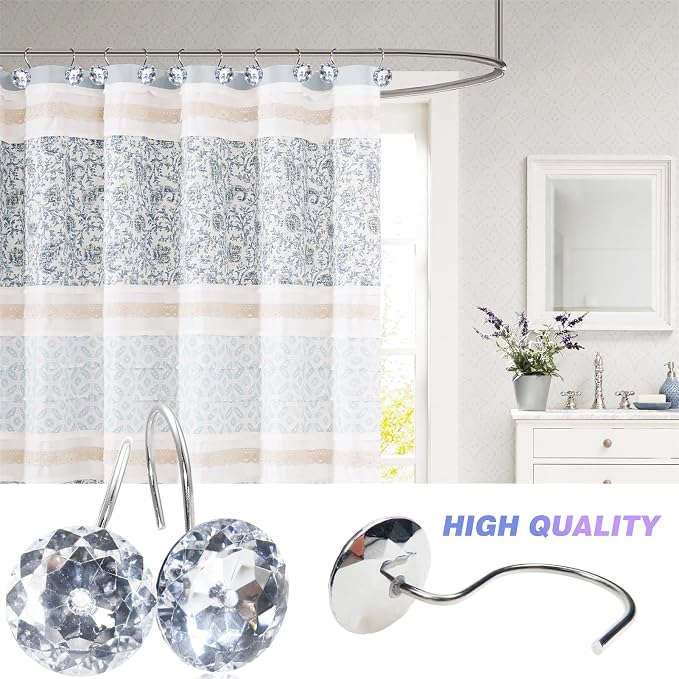 TOAOB 12pcs Round Curtain Hooks Rings Stainless Steel Rhinestone Decorative Rust Proof Shower Rod Hangers Decorative Shower Curtain Hooks for Bathroom Curtain Accessories