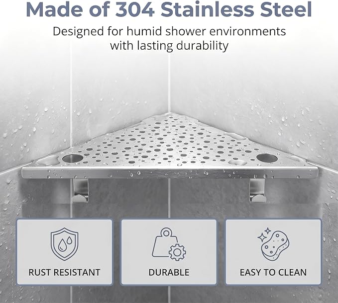 HIDROP Brushed Nickel 10" Corner Shower Shelves with Hooks and Holes,2 Pack | 4 Hooks & 4 Razor Holes, 304 Stainless Steel Bathroom Corner Shelf, Fast Drainage, Embed into Tile Gap, Modern Bathroom Shelf