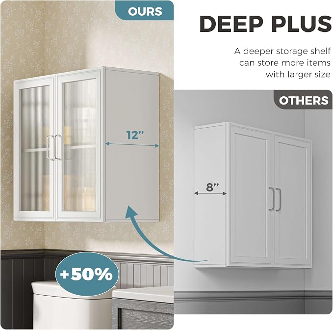 Medicine Wall Cabinet with Acrylic Glass Doors, Kitchen Wall Cabinets with Adjustable Shelf, 24” Laundry Room Wall Mounted Cabinet Set of 2, Bathroom Wall Cabinet with Light(White)