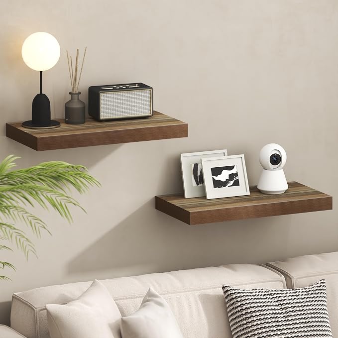 Furinno Tanna Floating Shelves for Wall Set of 2, 12 x 24 Wall Shelf, Wall Mounted Floating Shelf with Invisible Bracket, 2-Inch Thick, for Bathroom, Living Room, Bedroom, Home Office, Retro Brown