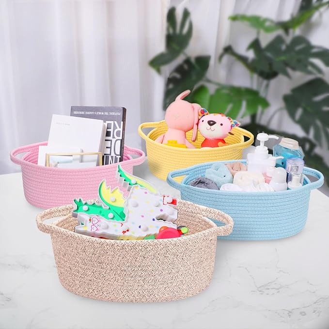 ABenkle Small Basket with Handles, Boho Decorative Rope Woven Dog Cat Toy Storage Bin Shelf Storage Organizer, Easter Christmas Gift Basket, 12"x8"x5"