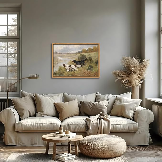 Floating Framed Vintage Hunting Dog Wall Art, Classic Countryside Landscape Canvas Print, English Setter and Gordon Setter Painting, Rustic Farmhouse Wall Decor for Living Room Study Office 16x24 inch