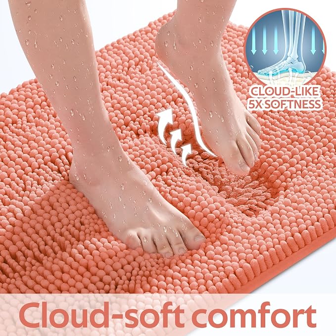 Striped Coral Bathroom Rug Set 3 Pieces Ultra Soft, Non Slip Chenille Toilet Mat, Absorbent Plush Shaggy Bath Mats for Bathroom, Bedroom, Kitchen