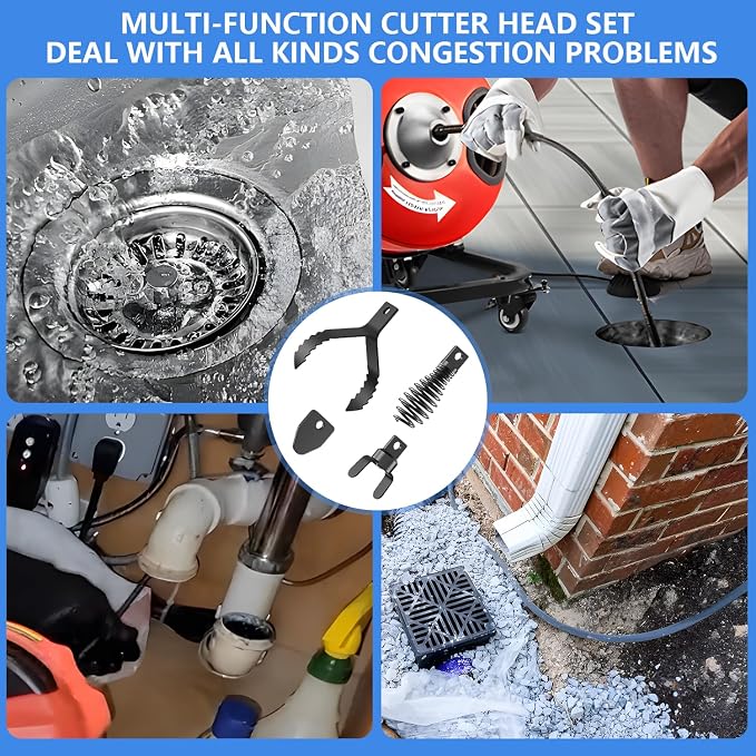 4-Piece Drain Snake Attachment Replacement Cutters-Boring Bulb Cutter,C-Cutter,Spade Cutter,Arrow Cutter-Compatible with 50FT-100FT Drain Snake for 1-4“ Pipe