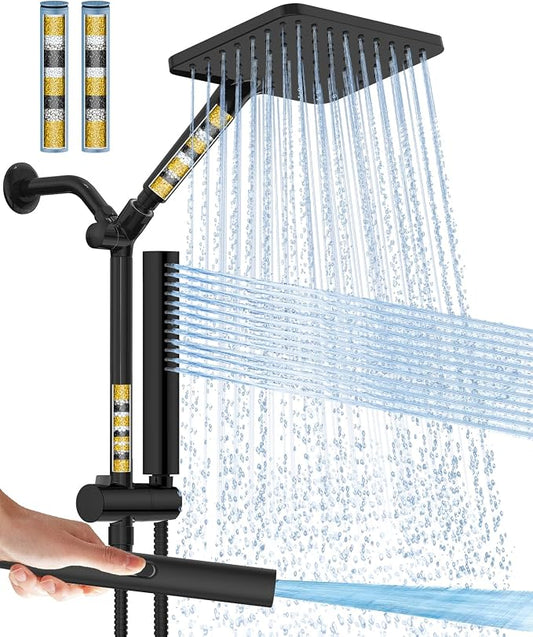 Filtered Shower Head with Handheld Combo High Pressure Shower Head with Filters 10 Inch Rain Shower Head Height Adjustable Dual Water Softener Shower Head for Hard Water - Removes Chlorine