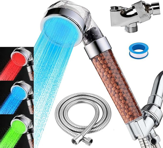 Vacto Temperature Controlled 3-color Changing Shower Head Kit, Water Saving Showerheads with Filtration Beads, LED High Pressure Handheld Shower Head Set with Hose and Bracket