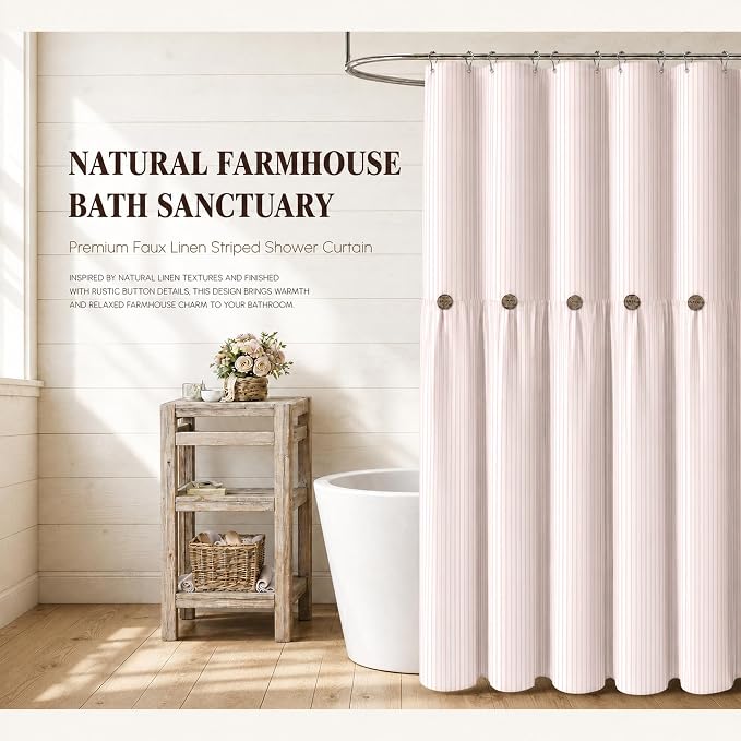 Farmhouse Shower Curtain Button Pink Stripe 72" W x 72" L | Farmhouse Style, Chic Button, Striped, Linen Fabric, Rustic, Country, Natural Look, Washable, for Bathroom Bathtub