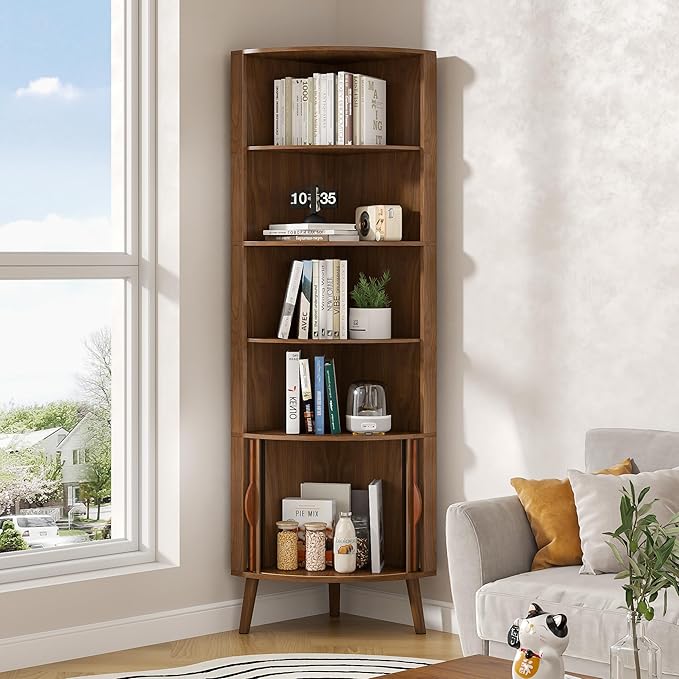 66'' Tall Corner Bookshelf with 2 Fluted Sliding Doors,Walnut | 5-Tier Corner Shelf, 5 Shelf Bookcase,Mid-Century Modern,Freestanding Display Storage Organizer for Living Room,Office