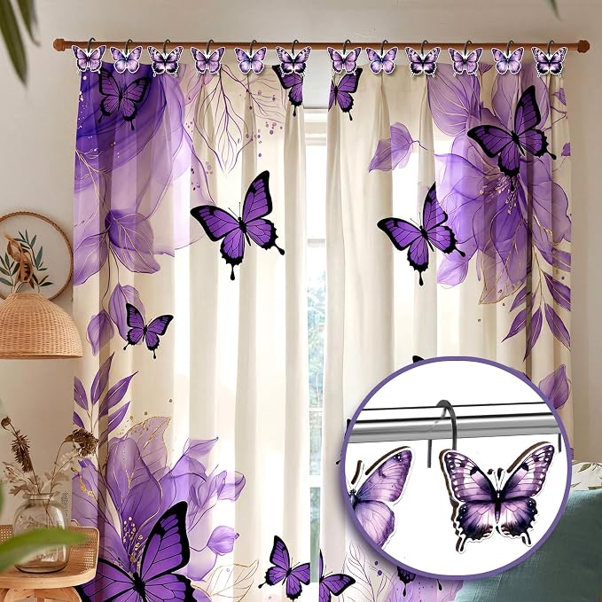 Sawysine 12 Pcs Cow Shower Curtain Hooks Bathroom,Butterfly | Highland Cow Design in 3 Poses, Western Farmhouse Decor for Rustic Bathroom Bedroom, Set Includes Decorative Hangers