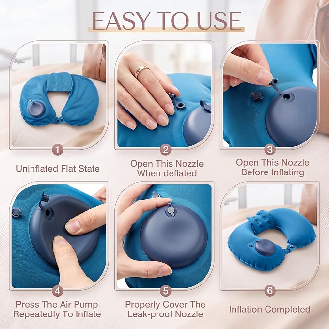 Colingmill 2 Pcs Inflatable Bath Pillows for Tub, U-Shaped Neck & Head Support Cushion, Portable Blow Up Travel Neck Pillow with Adjustable Button for Airplanes & Home Spa(Peacock Blue, Royal Blue)