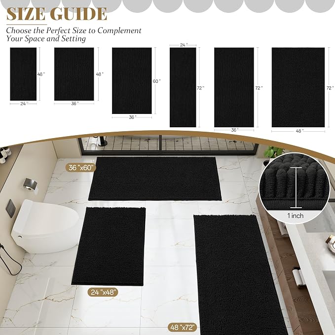 Bathroom Rugs Mat 72 x 24, Thick Soft Absorbent Chenille Bath Rugs, Rubber Backing Bath Mats for Bathroom Floor, Tub, Shower, Bedroom, Home Decor Accessories, Quick Dry Machine Washable, Black