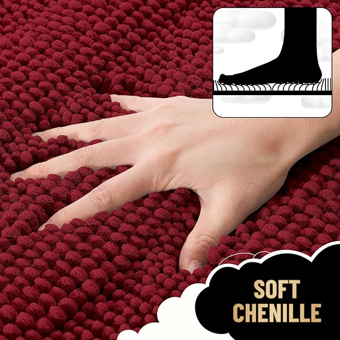 OLANLY Thick Bathroom Runner Rugs 44x24, Soft Chenille Long Bath Rugs, Red | Absorbent Striped, Rubber Backing, Machine Wash, Bath Mats for Bathroom Floor, Tub and Shower, Home Decor Accessories