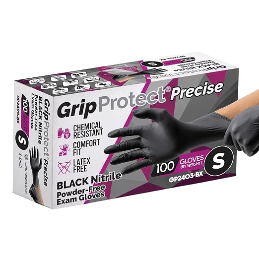 GripProtect Precise Black Nitrile Gloves 4 Mil, Chemical Resistant Gloves | Small Textured Grip for Mechanics, Tattoos, Food Prep & Cleaning – Medical Grade Disposable Gloves